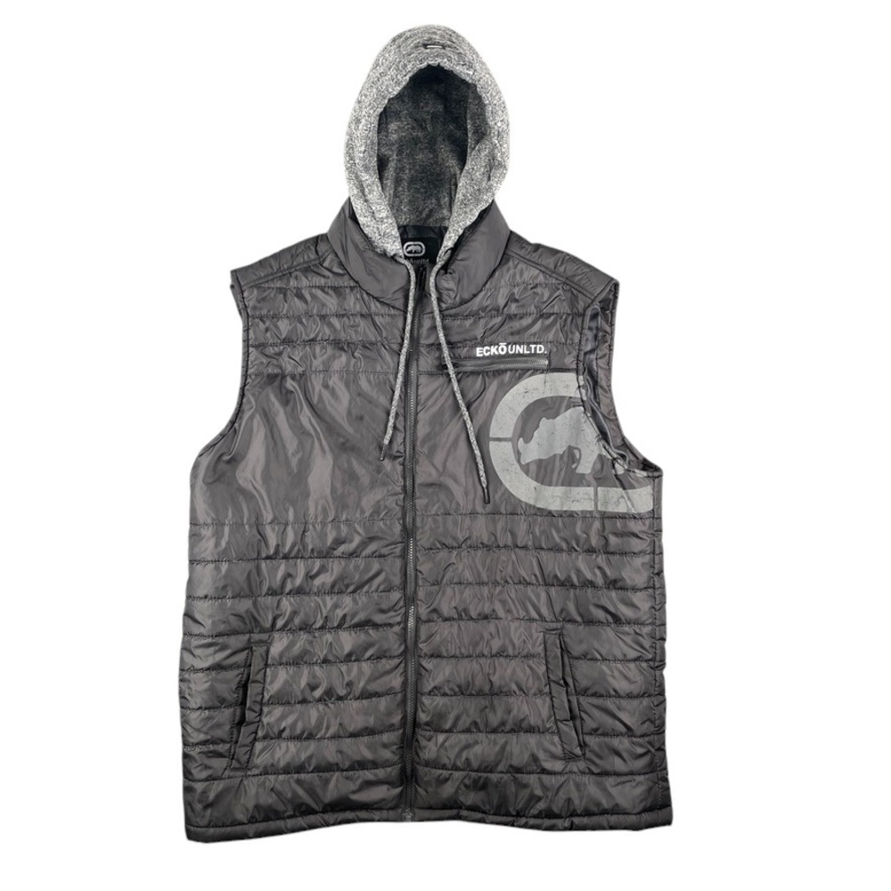 Ecko Unltd Vest Mens XL Black Gray Puffer Sleeveless Hoodie Logo Zip Pockets EUC
